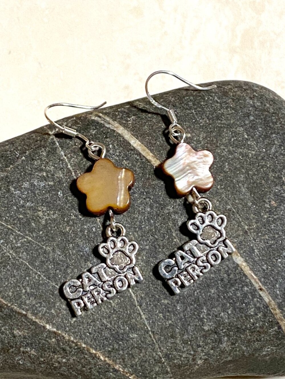 2/$20, Dark Mother of Pearl Flower & Cat Person Earrings w/ Sterling Silver Hook - Picture 4 of 7
